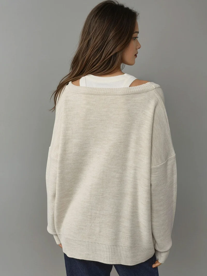 موضتي MY FASHION Oversized Ribbed V-Neck Button Cardigan