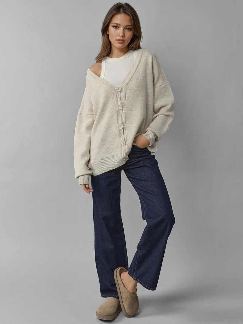 My Fashion Stone Natural MY FASHION Oversized Ribbed V-Neck Button Cardigan for Women | Best Price UAE