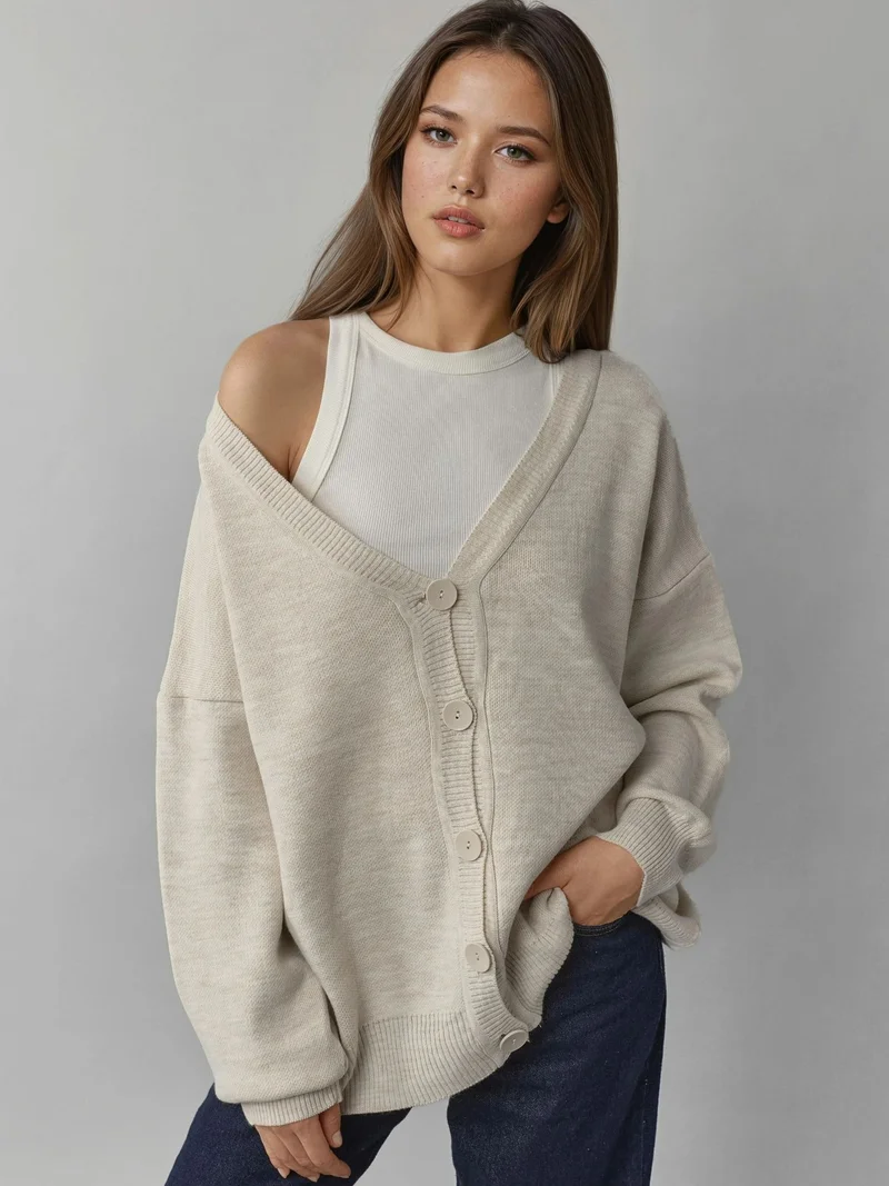 MY FASHION Oversized Ribbed V-Neck Button Cardigan