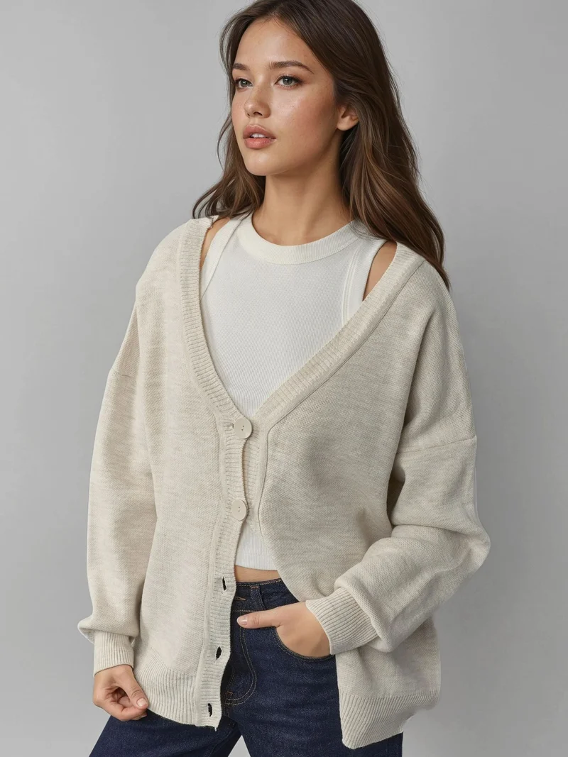 My Fashion Stone Natural MY FASHION Oversized Ribbed V-Neck Button Cardigan for Women | Best Price UAE