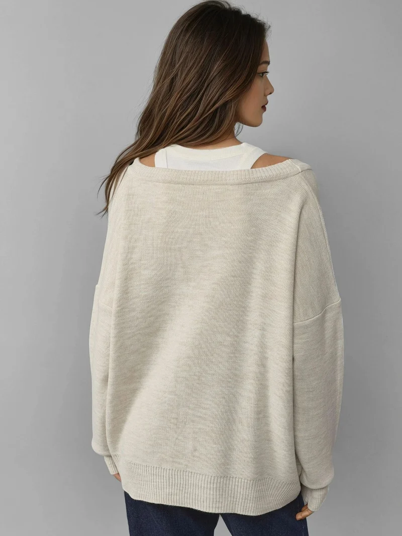 My Fashion Stone Natural MY FASHION Oversized Ribbed V-Neck Button Cardigan for Women | Best Price UAE