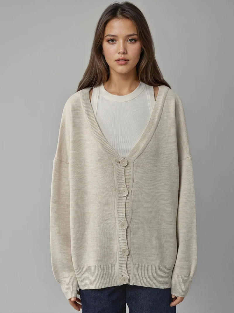 My Fashion Stone Natural MY FASHION Oversized Ribbed V-Neck Button Cardigan for Women | Best Price UAE