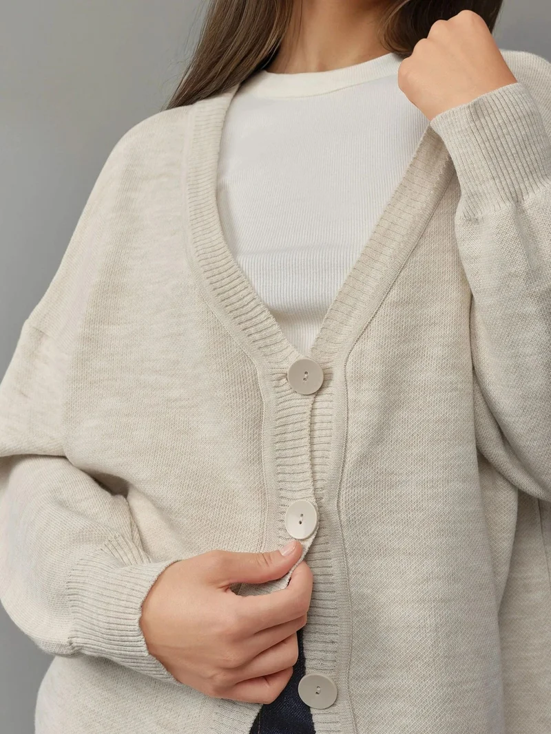 My Fashion Stone Natural MY FASHION Oversized Ribbed V-Neck Button Cardigan for Women | Best Price UAE