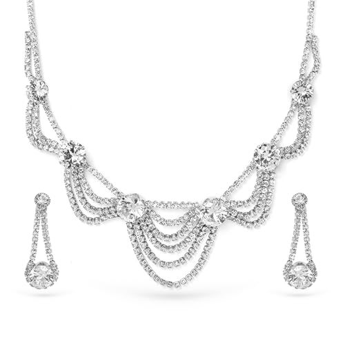Rubans Rhodium Plated AD & Cubic Zirconia Studded Layered Statement Necklace Set - Image 1