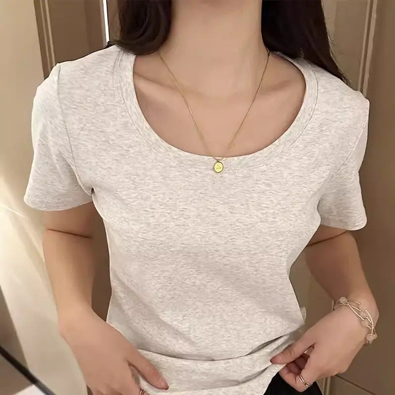تشينغلا / أبيض منتظم الكتف تي شيرت قصيرة الأكمام U رقبة النساء رقيقة تناسب أعلى طالب متعددة الاستخدامات 2026 الصيف - Image 1