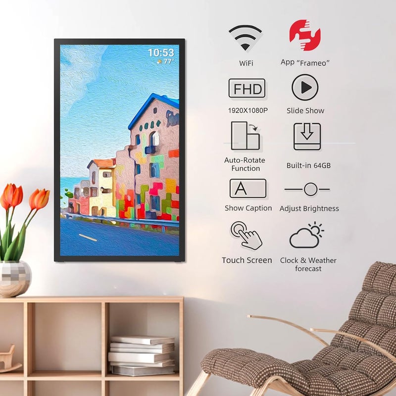 إطار صور رقمي FRAMEO 64 جيجابايت 21.5 بوصة مع شاشة لمس IPS LCD FHD بدقة 1920×1080، واي فاي مزدوج لمشاركة الصور والفيديو عبر تطبيق Frameo، يدعم محرك أقراص USB/بطاقة Micro SD لتوسيع التخزين، تدوير تلقائي - Image 2