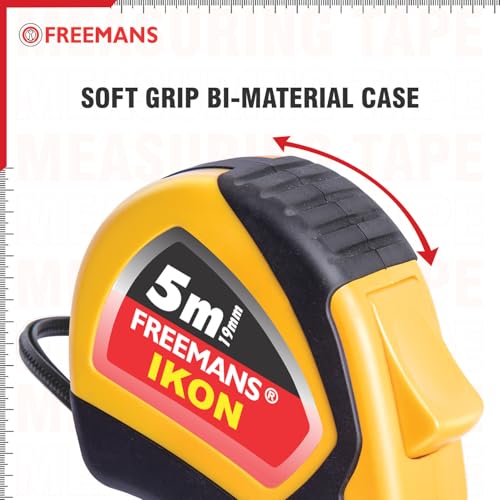 FREEMANS IKON 5m:19mm Steel Inchi Measuring Tape - 5m (Yellow & Black) With Unbreakable ABS case || Soft Grip Bi-material Case || Auto-lock and Belt Clip (Set of 5) - Image 5