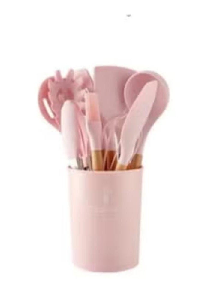 طقم أدوات مائدة للطبخ مكون من 12 قطعة للمطبخ المنزلي والشواء مع مقبض خشبي وردي/بني - Image 1