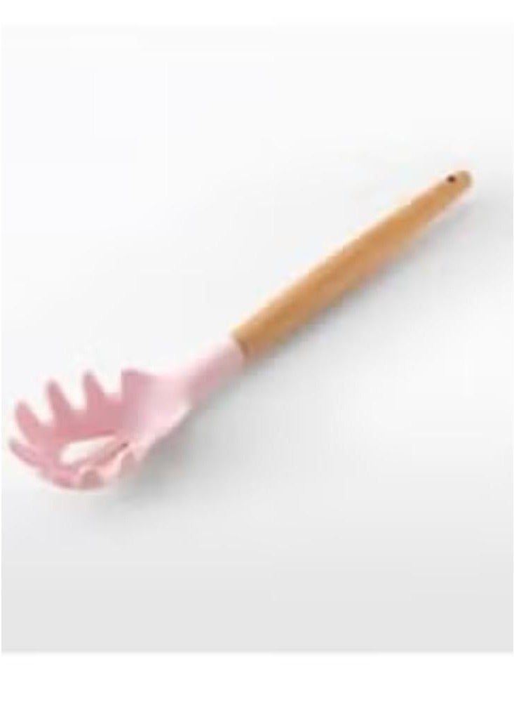 طقم أدوات مائدة للطبخ مكون من 12 قطعة للمطبخ المنزلي والشواء مع مقبض خشبي وردي/بني - Image 2