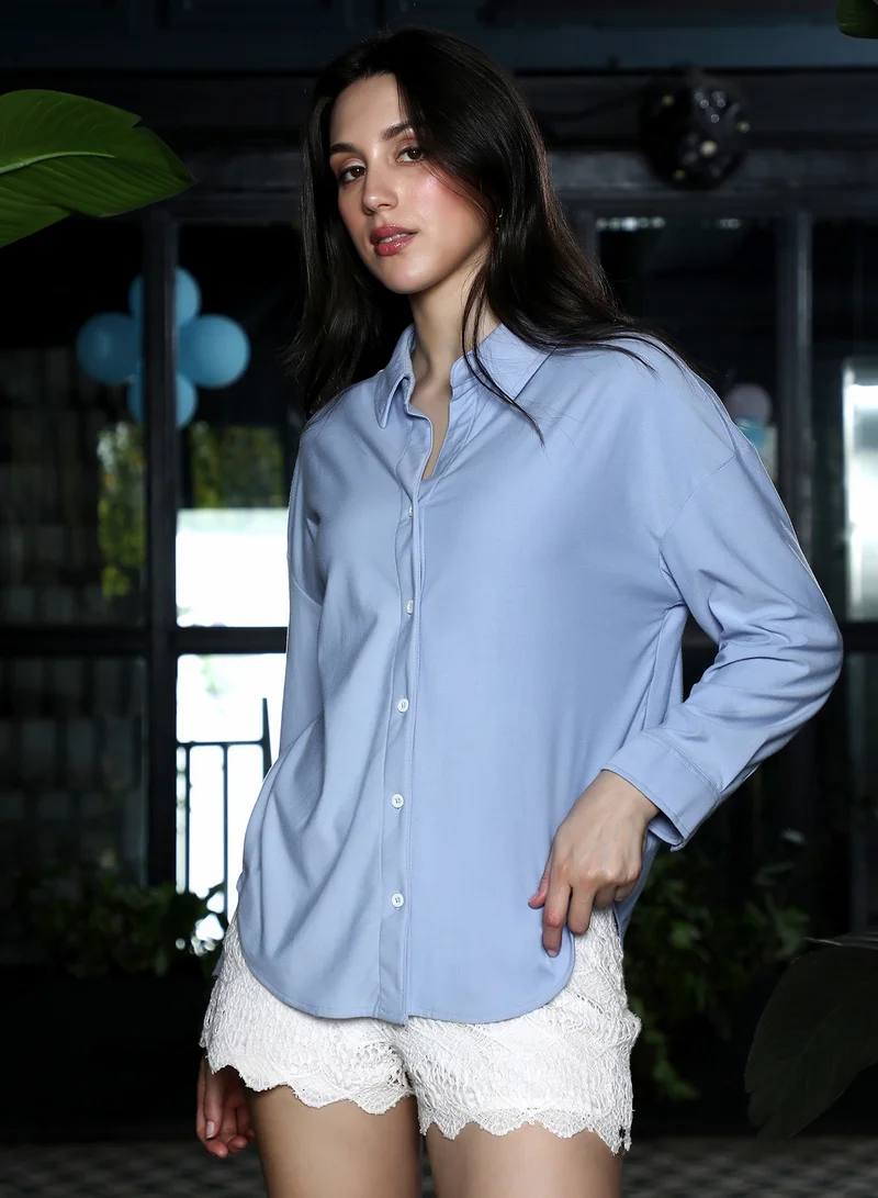 Pinacolada  Women's Sky Blue Solid-Knit Oversized Shirt for Women | Best Price UAE