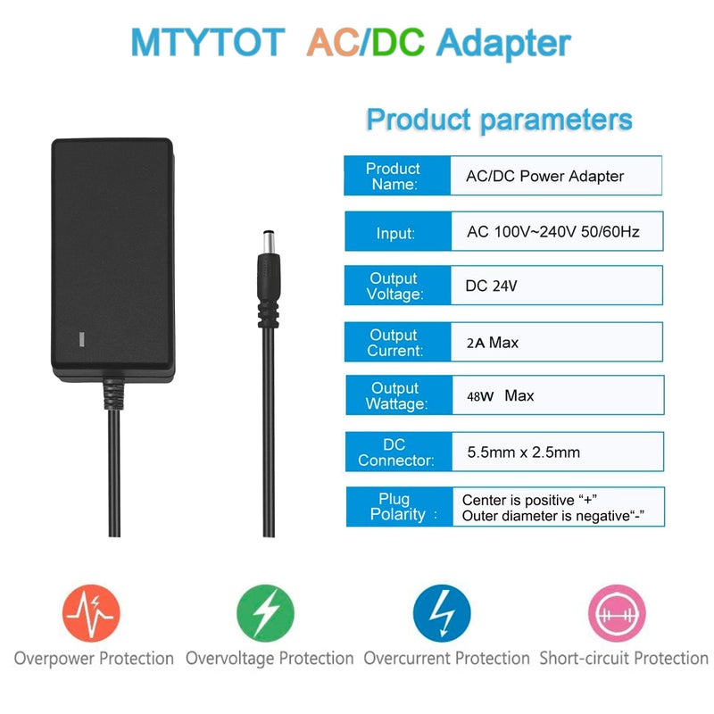 MTYTOT محول طاقة MTYTOT 24V 2A DC مزود طاقة 24W محول AC/DC 100-240V AC إلى DC 24 فولت 2 أمبير محول طاقة مع قابس أمريكي 5.5 مم × 2.5 مم لإضاءة شريط LED DC24V وكاميرا CCTV وطابعة ثلاثية الأبعاد - Image 3