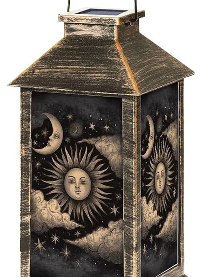 فانوس يعمل بالطاقة الشمسية للإضاءة الخارجية المعلقة باللون البني الداكن والأصفر مع تصميم الشمس والقمر والنجوم مقاس 13.5 بوصة - Image 1