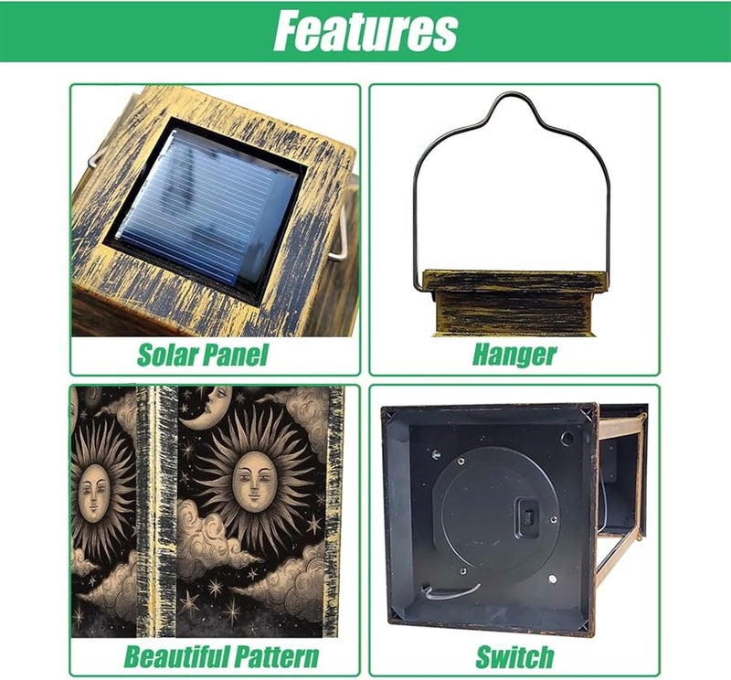 فانوس يعمل بالطاقة الشمسية للإضاءة الخارجية المعلقة باللون البني الداكن والأصفر مع تصميم الشمس والقمر والنجوم مقاس 13.5 بوصة - Image 4