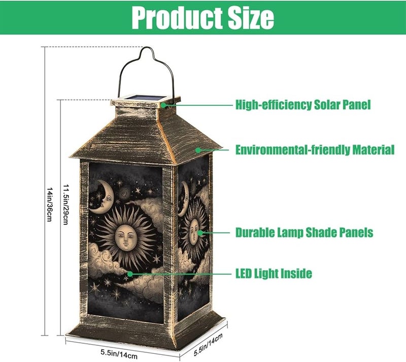 فانوس يعمل بالطاقة الشمسية للإضاءة الخارجية المعلقة باللون البني الداكن والأصفر مع تصميم الشمس والقمر والنجوم مقاس 13.5 بوصة - Image 3