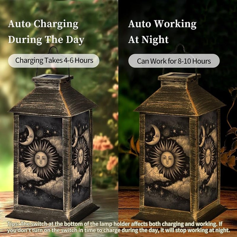 فانوس يعمل بالطاقة الشمسية للإضاءة الخارجية المعلقة باللون البني الداكن والأصفر مع تصميم الشمس والقمر والنجوم مقاس 13.5 بوصة - Image 5