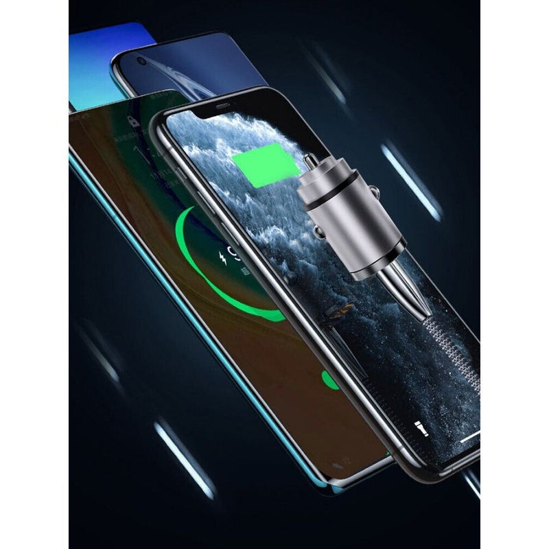 شاحن سيارة USB مزدوج المنافذ أسود، سريع الشحن، سطح معدني مع حلقة سحب - Image 2