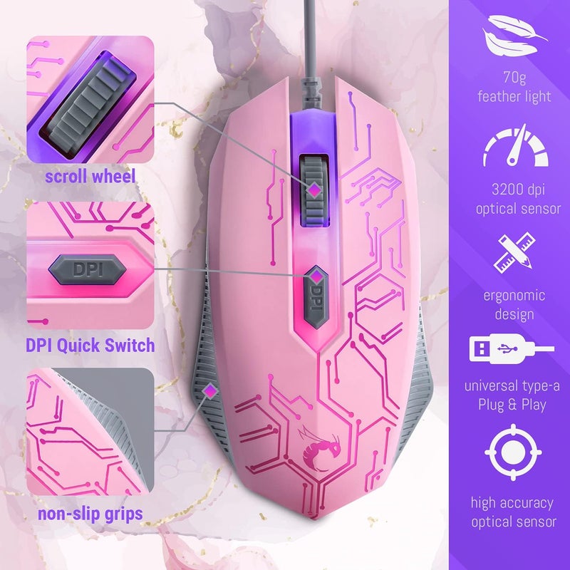 Orzly Pink Gaming keyboard and mouse headset headphones and mouse pad, wired LED RGB Backlight Bundle Pink PC accessories for gamers and Xbox and PS4 PS5 Nintendo switch Users - 4in1 edition Hornet RX-250 - Image 5