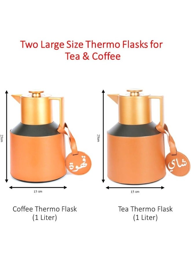 Lamsit Ibdaa Coffee Thermo Flask – Tea Vacuum Pot - Heat Insulated Thermos – Arabic Carafe – Jug Dalla – Drink Cups – Round Leather Set (Tea & Coffee Set, Brown)  - Image 3