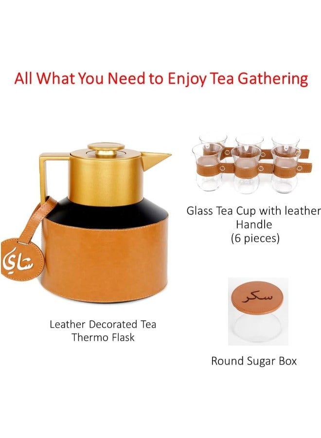 Lamsit Ibdaa Coffee Thermo Flask – Tea Vacuum Pot - Heat Insulated Thermos – Arabic Carafe – Jug Dalla – Drink Cups – Round Leather Set (Tea & Coffee Set, Brown)  - Image 5