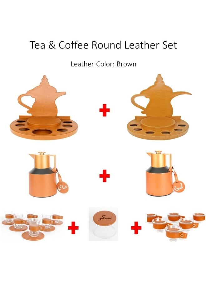 Lamsit Ibdaa Coffee Thermo Flask – Tea Vacuum Pot - Heat Insulated Thermos – Arabic Carafe – Jug Dalla – Drink Cups – Round Leather Set (Tea & Coffee Set, Brown)  - Image 2