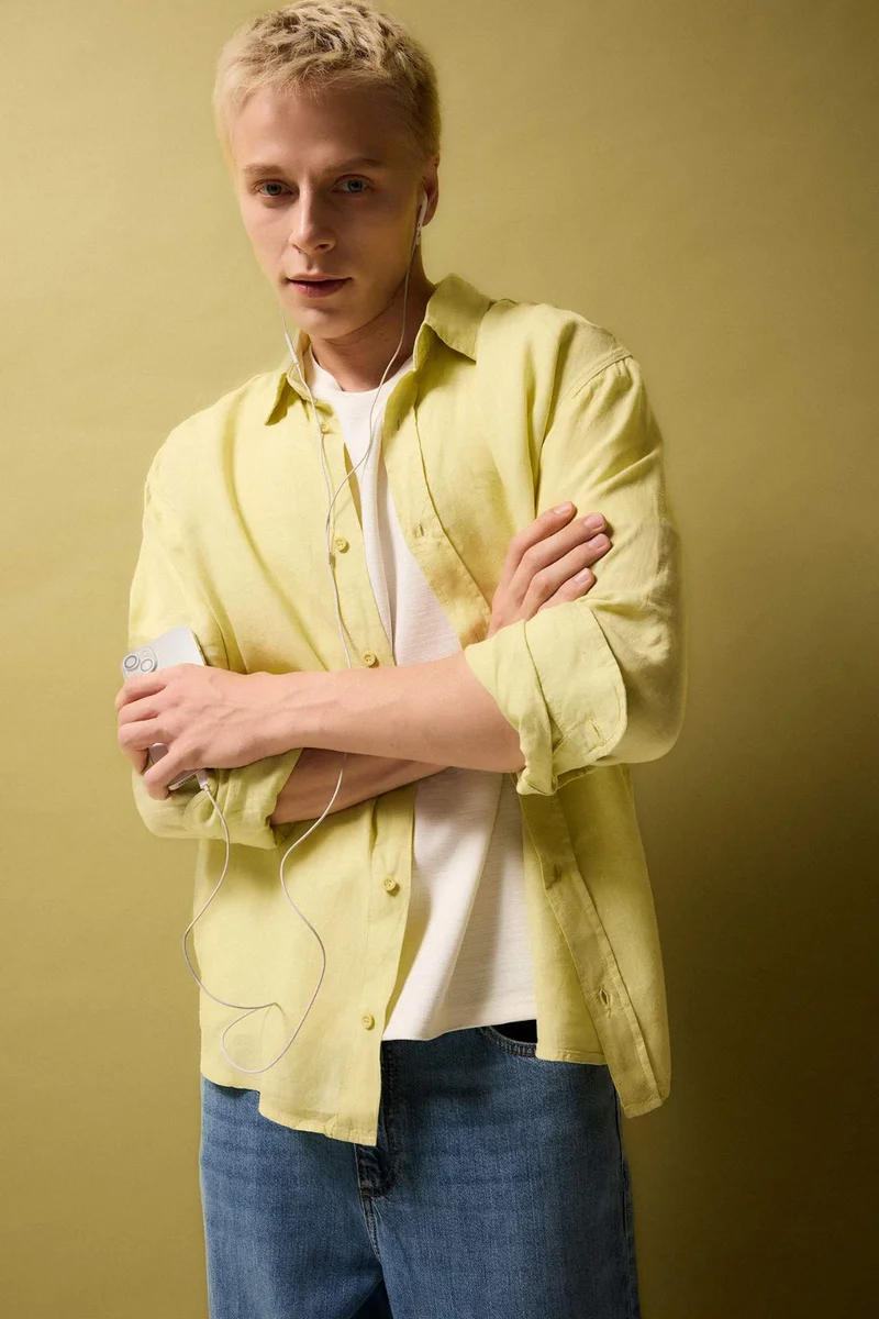 Defacto Relax Fit Polo Collar Woven Long Sleeve Shirt