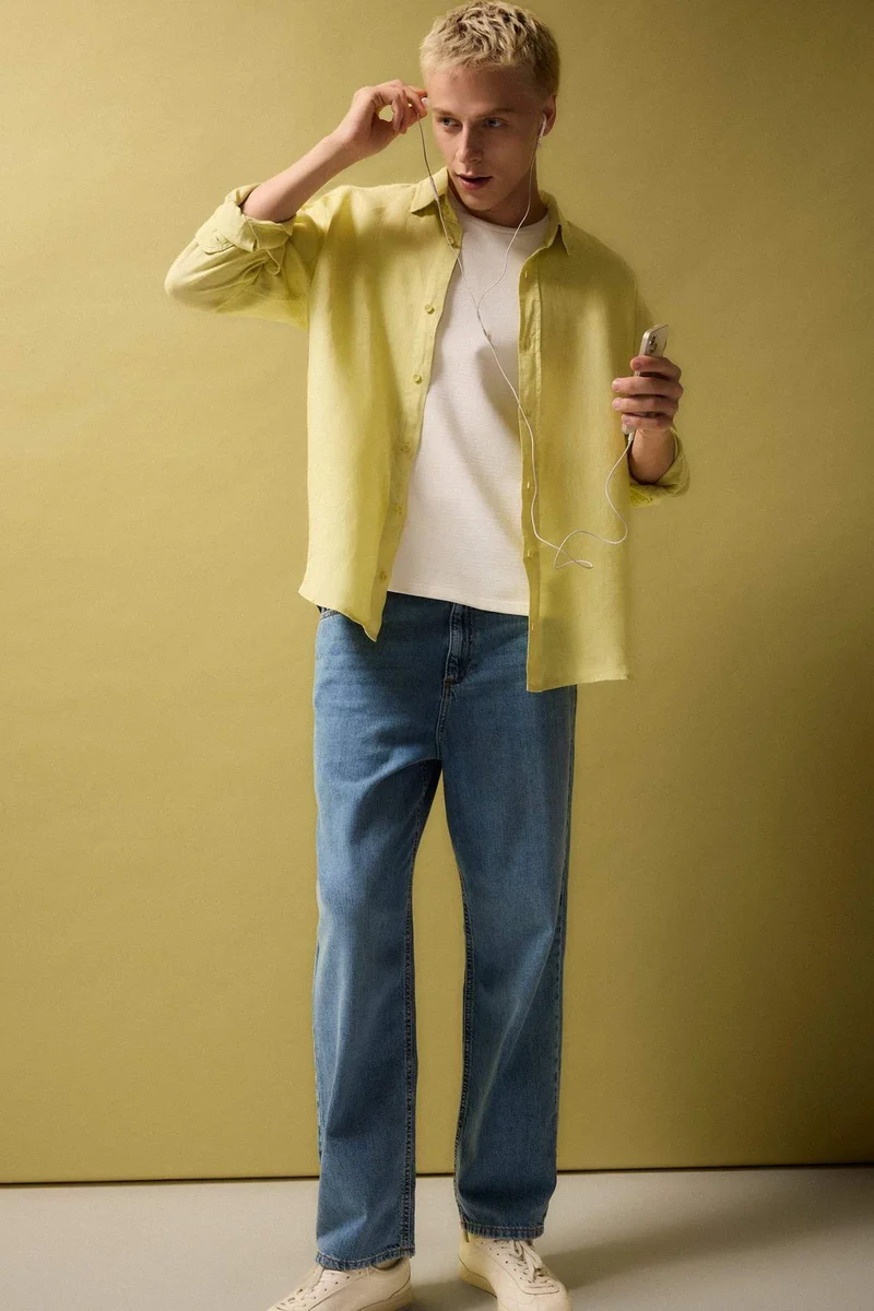 Defacto Relax Fit Polo Collar Woven Long Sleeve Shirt