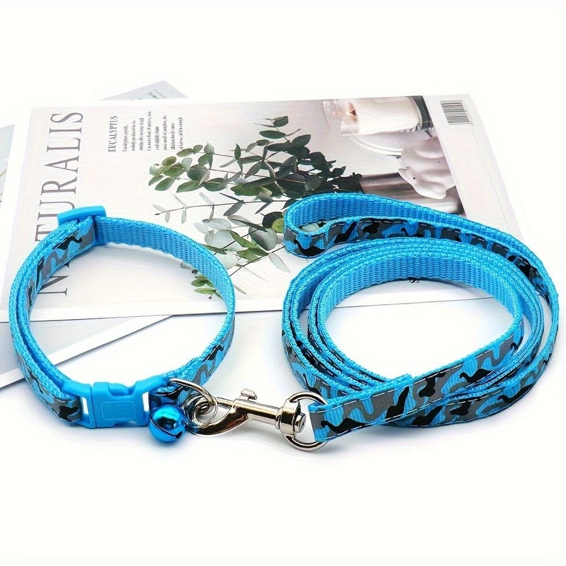 Sky Blue Dog Collar And Leash Set With Bell Geometric Pattern Adjustable Pet Walking Supplies For Puppies Cats - Image 4