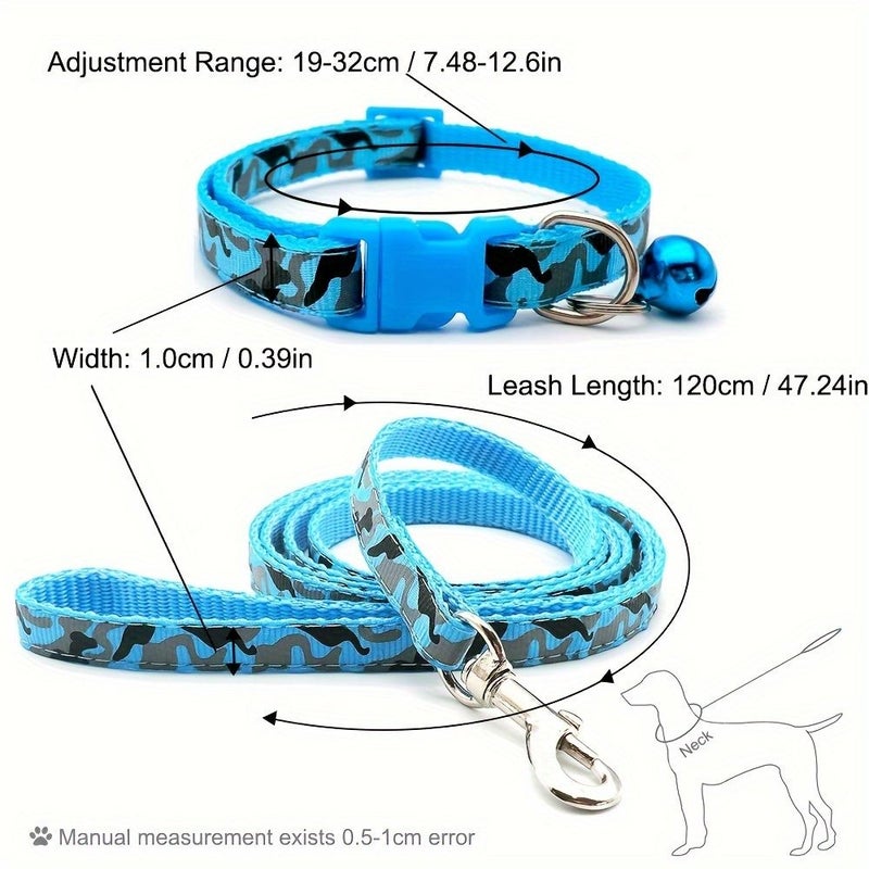 Sky Blue Dog Collar And Leash Set With Bell Geometric Pattern Adjustable Pet Walking Supplies For Puppies Cats - Image 5
