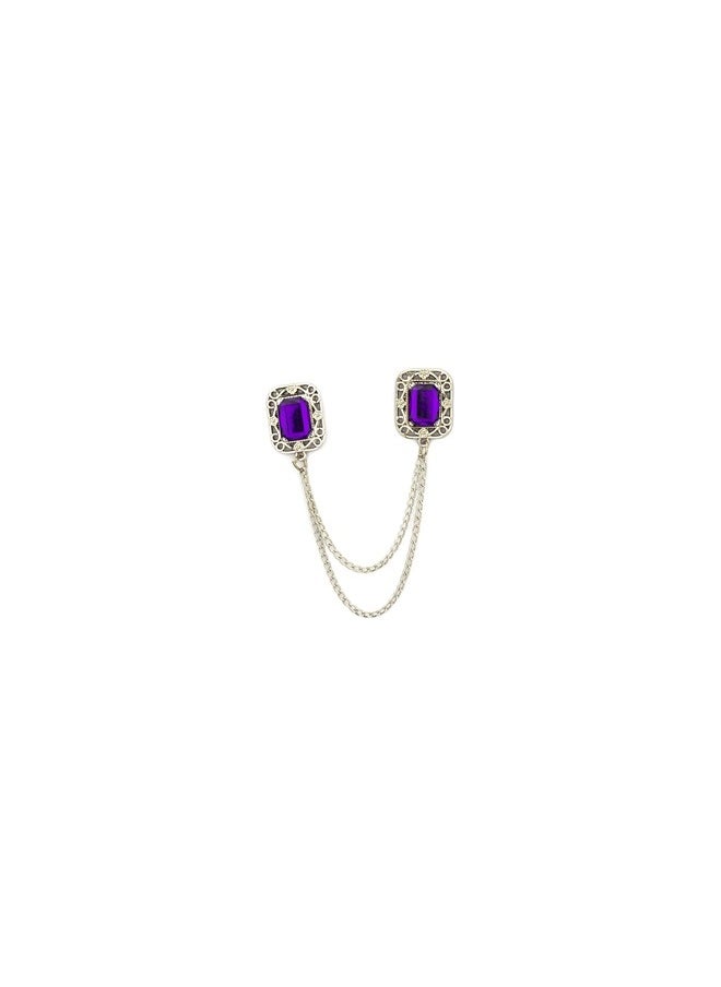 Knighthood Purple Stone With Silver Engraving And Hanging Tassel Chain Collar Pin Brooch, Suit Stud, Shirt Studs, Lapel Pin Accessories for Men Women 