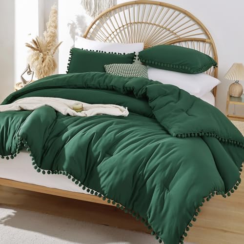 YIRDDEO Queen Comforter Set - Comforter Queen Size Sets with Ball Pom Fringe, Soft Bedding Set for All Seasons - 3 Pieces, 1 Comforter (90"x90") & 2 Pillow Shams (20"x26"), Emerald - Image 1