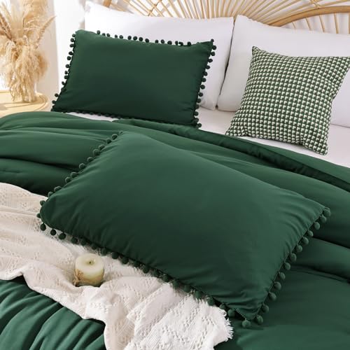 YIRDDEO Queen Comforter Set - Comforter Queen Size Sets with Ball Pom Fringe, Soft Bedding Set for All Seasons - 3 Pieces, 1 Comforter (90"x90") & 2 Pillow Shams (20"x26"), Emerald - Image 5