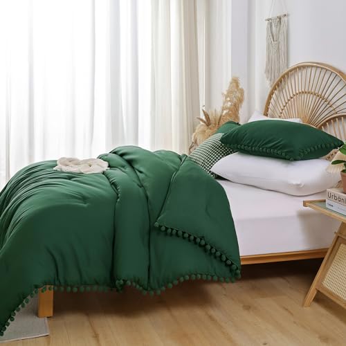 YIRDDEO Queen Comforter Set - Comforter Queen Size Sets with Ball Pom Fringe, Soft Bedding Set for All Seasons - 3 Pieces, 1 Comforter (90"x90") & 2 Pillow Shams (20"x26"), Emerald - Image 3