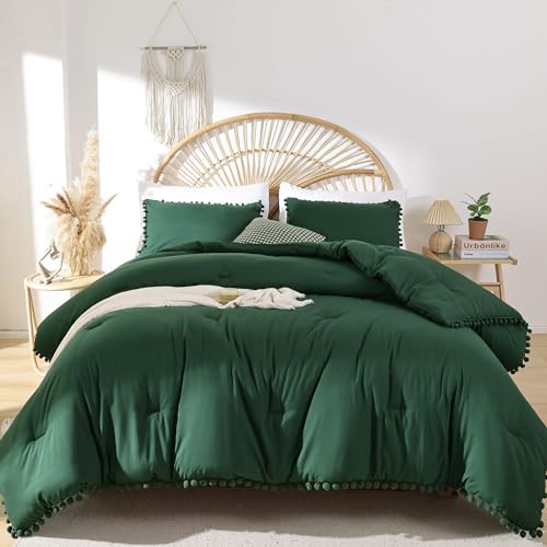 YIRDDEO Queen Comforter Set - Comforter Queen Size Sets with Ball Pom Fringe, Soft Bedding Set for All Seasons - 3 Pieces, 1 Comforter (90"x90") & 2 Pillow Shams (20"x26"), Emerald - Image 2