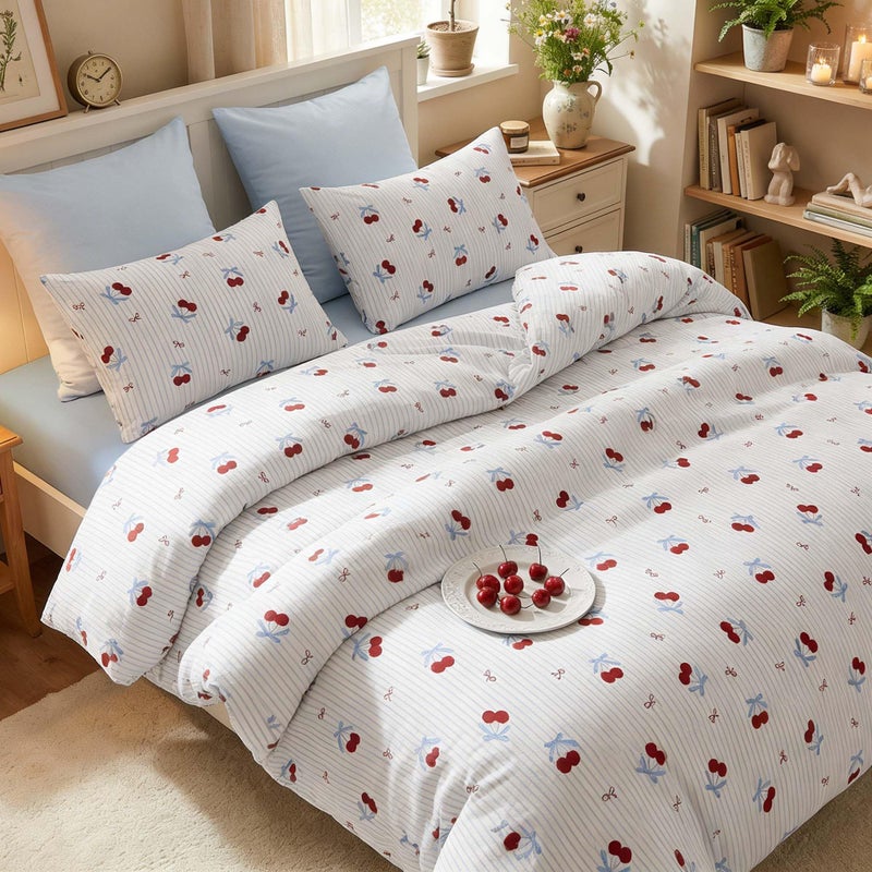 Nayoroom Pink Striped Bow Duvet Cover Queen Size Red Cherry Duvet Cover 3 Pieces Soft Lightweight Microfiber Girls Cute Aesthetic Dorm Bedding Set with Zipper Closure - Image 2