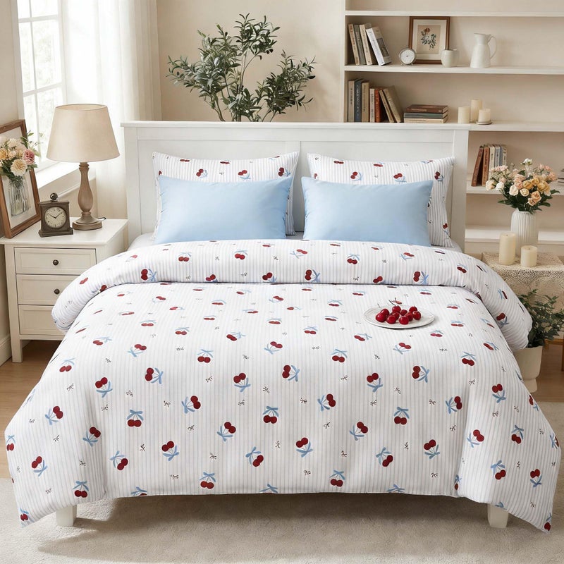 Nayoroom Pink Striped Bow Duvet Cover Queen Size Red Cherry Duvet Cover 3 Pieces Soft Lightweight Microfiber Girls Cute Aesthetic Dorm Bedding Set with Zipper Closure - Image 3
