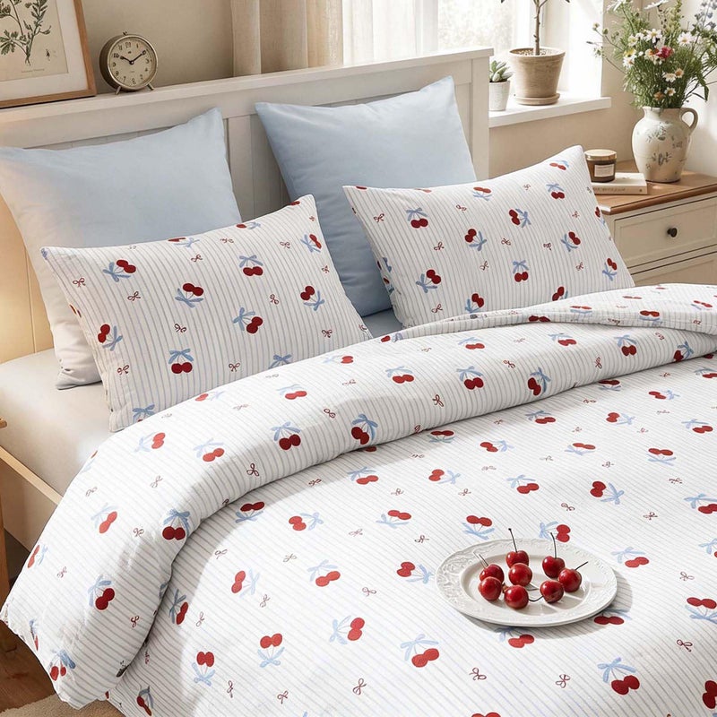 Nayoroom Pink Striped Bow Duvet Cover Queen Size Red Cherry Duvet Cover 3 Pieces Soft Lightweight Microfiber Girls Cute Aesthetic Dorm Bedding Set with Zipper Closure - Image 1