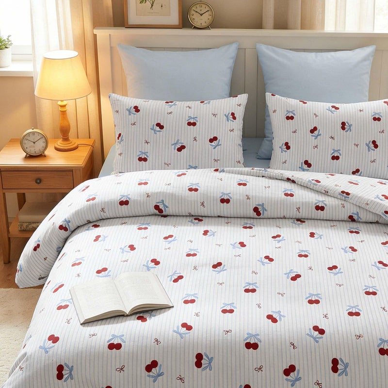 Nayoroom Pink Striped Bow Duvet Cover Queen Size Red Cherry Duvet Cover 3 Pieces Soft Lightweight Microfiber Girls Cute Aesthetic Dorm Bedding Set with Zipper Closure - Image 4