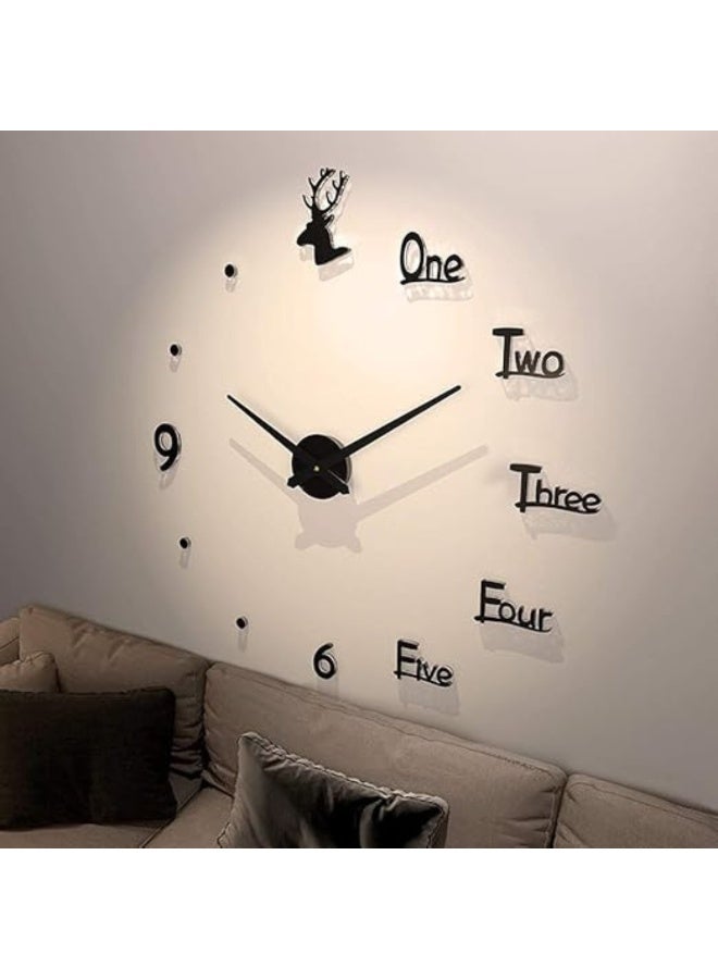 ديكور ساعة حائط 3D – رأس غزال بتصميم لاصق بسطح عاكس باللون الأسود لغرفة النوم والمعيشة - Image 3