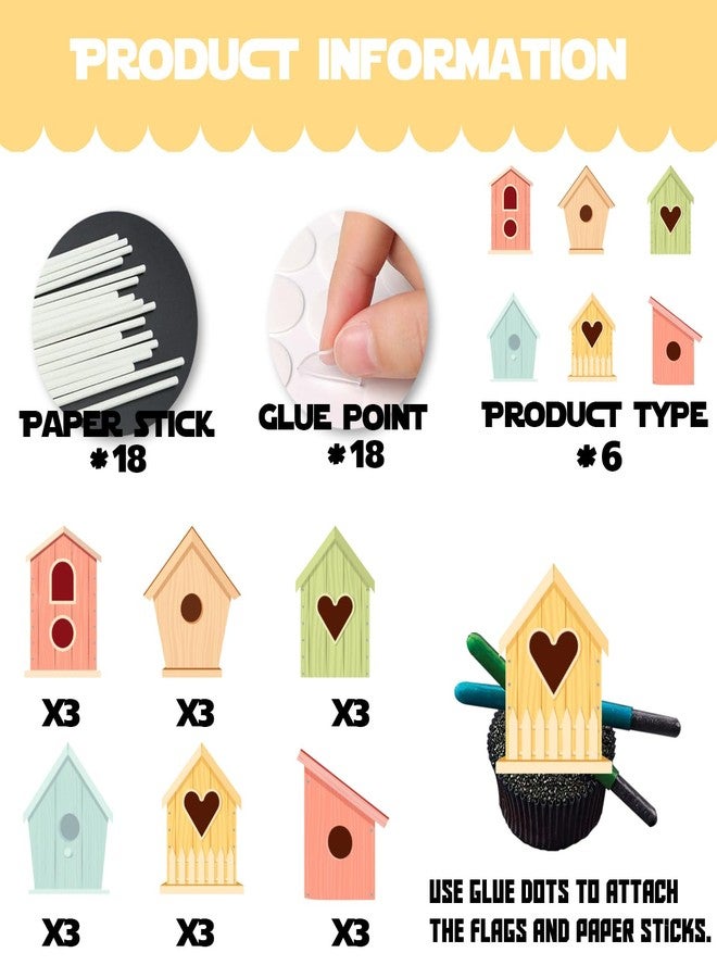 LETLIMIT 18pcs Glitter Dessert Cupcake Topper Nature Flying Bird House Theme Decor Supplies Baby Shower Boys Girls Happy Birthday Party Decorations - Image 4