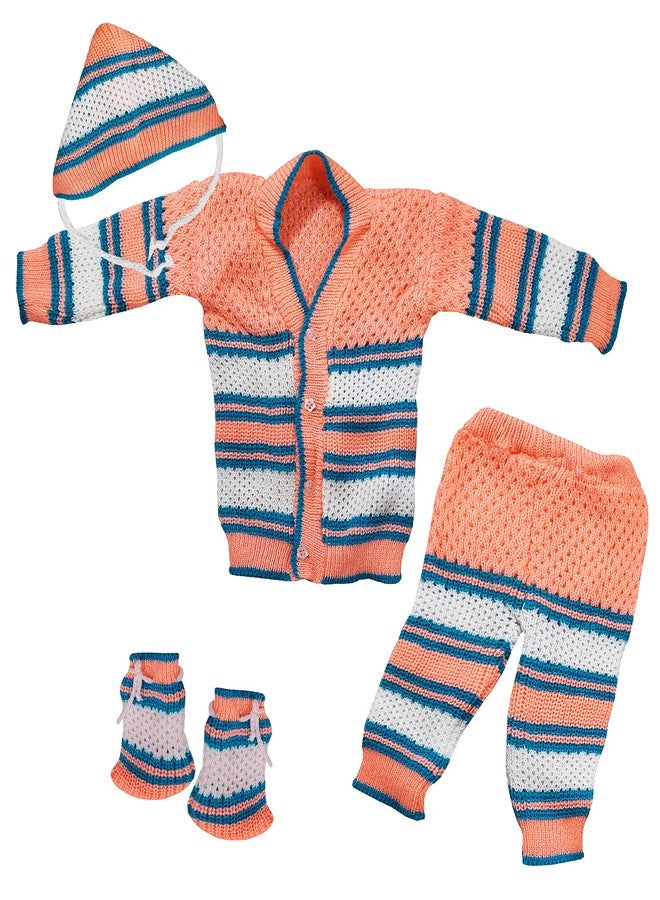 little PANDA Born Baby Sweater for Baby Boys & Baby Girls Woollen Full Sleeves, V Neck Sweater Top, Bottom, Cap & Booties Set (0-3 Months) (Peach) - Image 1