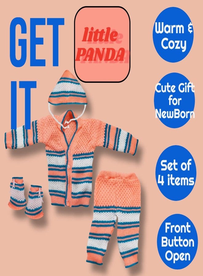 little PANDA Born Baby Sweater for Baby Boys & Baby Girls Woollen Full Sleeves, V Neck Sweater Top, Bottom, Cap & Booties Set (0-3 Months) (Peach) - Image 2