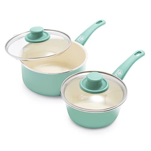 GreenLife Soft Grip 1QT and 2QT Saucepan Set Non Toxic PFASFree Ceramic Nonstick Glass Lids Stay Cool Handles Wobble Free Base Dishwasher  Oven Safe Easy Clean Multipurpose Turquoise - Image 1