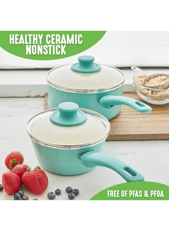 GreenLife Soft Grip 1QT and 2QT Saucepan Set Non Toxic PFASFree Ceramic Nonstick Glass Lids Stay Cool Handles Wobble Free Base Dishwasher  Oven Safe Easy Clean Multipurpose Turquoise - Image 2