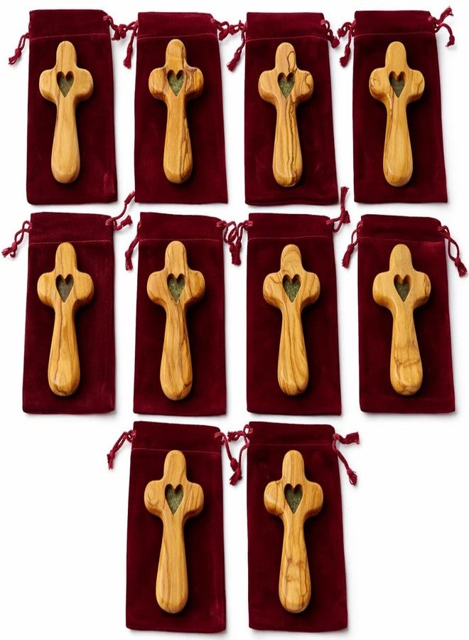 Zuluf Olive Wood Holding Cross Set of 10 Hand Carved Prayer Palm Crosses 2.55 Inch Small Comfort Crosses from Bethlehem Holy Land with Heart Cutout, Christian Church Gifts with Velvet Pouches - Image 1