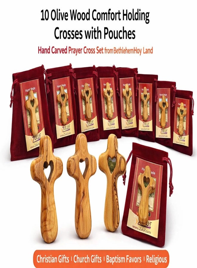 Zuluf Olive Wood Holding Cross Set of 10 Hand Carved Prayer Palm Crosses 2.55 Inch Small Comfort Crosses from Bethlehem Holy Land with Heart Cutout, Christian Church Gifts with Velvet Pouches - Image 2