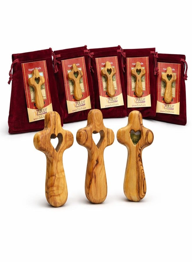 Zuluf Olive Wood Holding Cross Set of 10 Hand Carved Prayer Palm Crosses 2.55 Inch Small Comfort Crosses from Bethlehem Holy Land with Heart Cutout, Christian Church Gifts with Velvet Pouches - Image 3