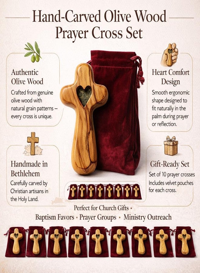 Zuluf Olive Wood Holding Cross Set of 10 Hand Carved Prayer Palm Crosses 2.55 Inch Small Comfort Crosses from Bethlehem Holy Land with Heart Cutout, Christian Church Gifts with Velvet Pouches - Image 5