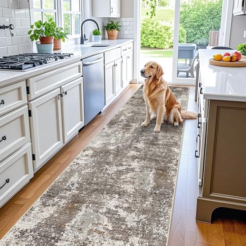 BYYVOO 3x10 ft Long Hallway Runner Rug – Non-Slip Washable Kitchen Floor Rug with Rubber Backing, Modern Low Pile Thin Wide Carpet Runners for Bedroom, Entryway Indoor (Brown Beige,3x10) - Image 1