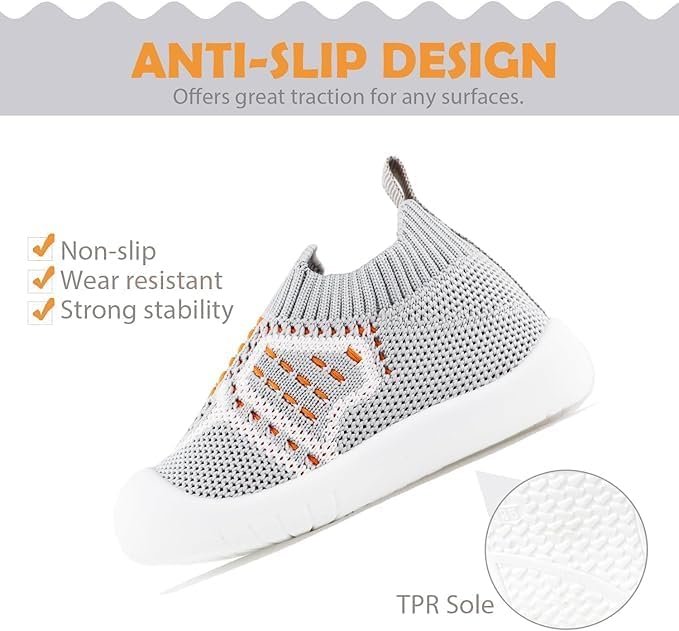 ZONEY Baby Shoes Toddler First Walking Shoes Infant Sneakers Breathable Knitted Mesh Grey and Orange - Image 3