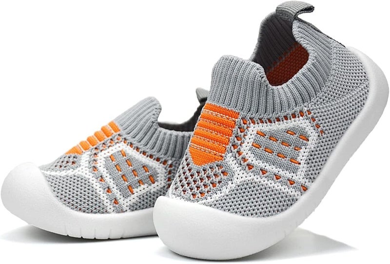 ZONEY Baby Shoes Toddler First Walking Shoes Infant Sneakers Breathable Knitted Mesh Grey and Orange - Image 1